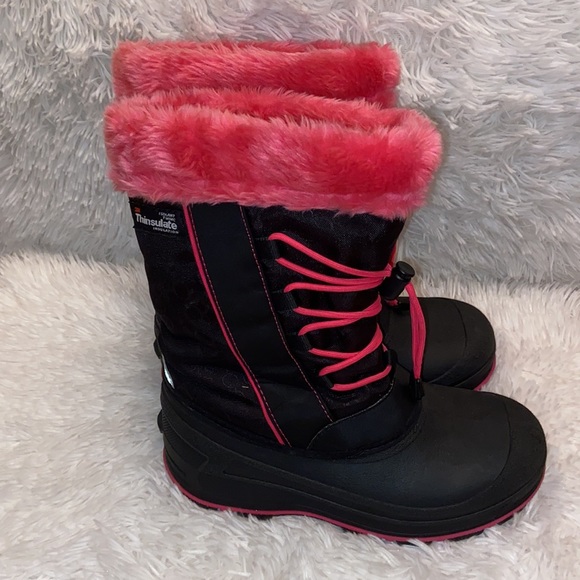3 m Thinsulate Insulated Black Pink Faux  Fur Duck Snow Boots Size 6 - Picture 2 of 7